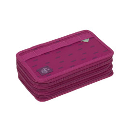 Geschlossene, rechteckige, rosa Federmappe mit drei Reißverschlüssen, Muster und kleinem Logo auf der Vorderseite.