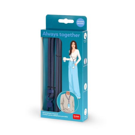 Blaue Smartphone-Lanyard-Verpackung mit Abbildung einer Frau, die das Lanyard um den Hals trägt.