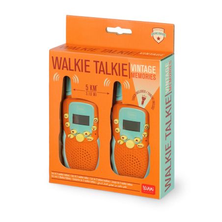Zwei orange-türkise Walkie-Talkies in Vintage-Verpackung mit dem Aufdruck "WALKIE TALKIE VINTAGE MEMORIES".