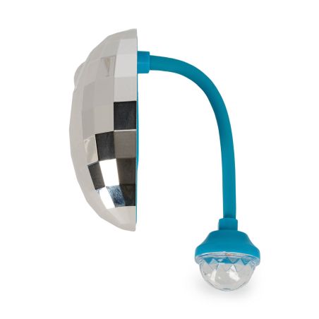 Blaue Lampe mit flexiblem Hals, silberner, facettierter Kuppel und klarer, edelsteinartiger Glühbirne am Ende.