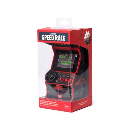 Mini-Arcade-Spiel Speed Race in roter und schwarzer Box, mit sichtbarem Lenkrad und Bildschirm.