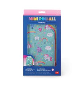 Mini-Flipper mit Einhörnern, Regenbögen und Wolken in bunter Verpackung, beschriftet mit MINI PINBALL Dream big.