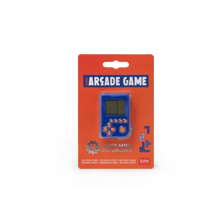 Blaues Handheld-Arcade-Spiel in Plastikverpackung mit rotem Hintergrund und Aufschrift "ARCADE GAME".