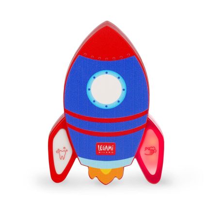Bunter Raketen-Timer mit roten Flossen, blauem Körper und "Legami Milano"-Aufschrift auf weißem Hintergrund.