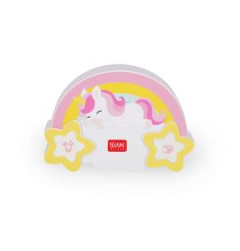 Ein Einhorn schläft auf einer Wolke mit Regenbogen und gelben Sternen, dazu Zahn- und Hand-Symbole.