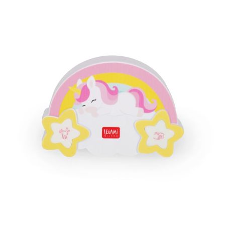 Ein Einhorn schläft auf einer Wolke mit Regenbogen und gelben Sternen, dazu Zahn- und Hand-Symbole.