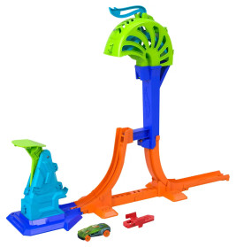 Buntes Kunststoff-Autorampen-Set mit Schleifen, Abschussvorrichtung, grünem Auto und rotem Zubehör.