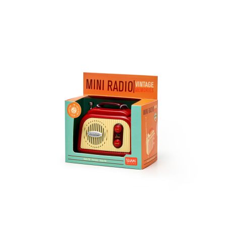 Mini-Radio im Vintage-Stil in Rot und Creme, präsentiert in Retro-Verpackung mit Aufschrift "MINI RADIO".