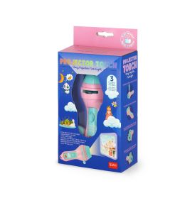 Rosa-grüne Projektor-Taschenlampe in blauer Verpackung mit Bildern und Fotos der projizierten Motive.