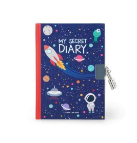 Tagebuch mit Weltraum-Motiv und Schloss, Raketen, Planeten und Astronauten auf dem Umschlag.