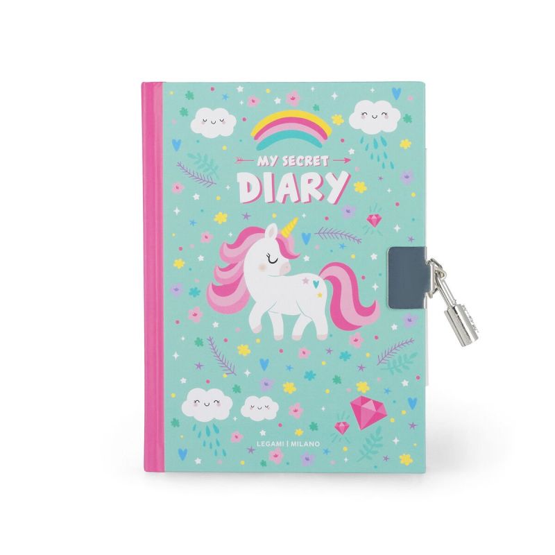 Buntes My Secret Diary mit Einhorn, Regenbogen, Wolken und Schloss auf dem Cover.