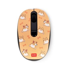 Kabellose Maus von Legami mit Corgi- und Knochenmuster auf pfirsichfarbenem Grund, Ansicht von oben.