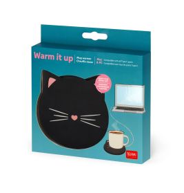 Box mit katzenförmigem Tassenwärmer wärmt eine Tasse neben einem Laptop. Beschriftung: Warm it up.