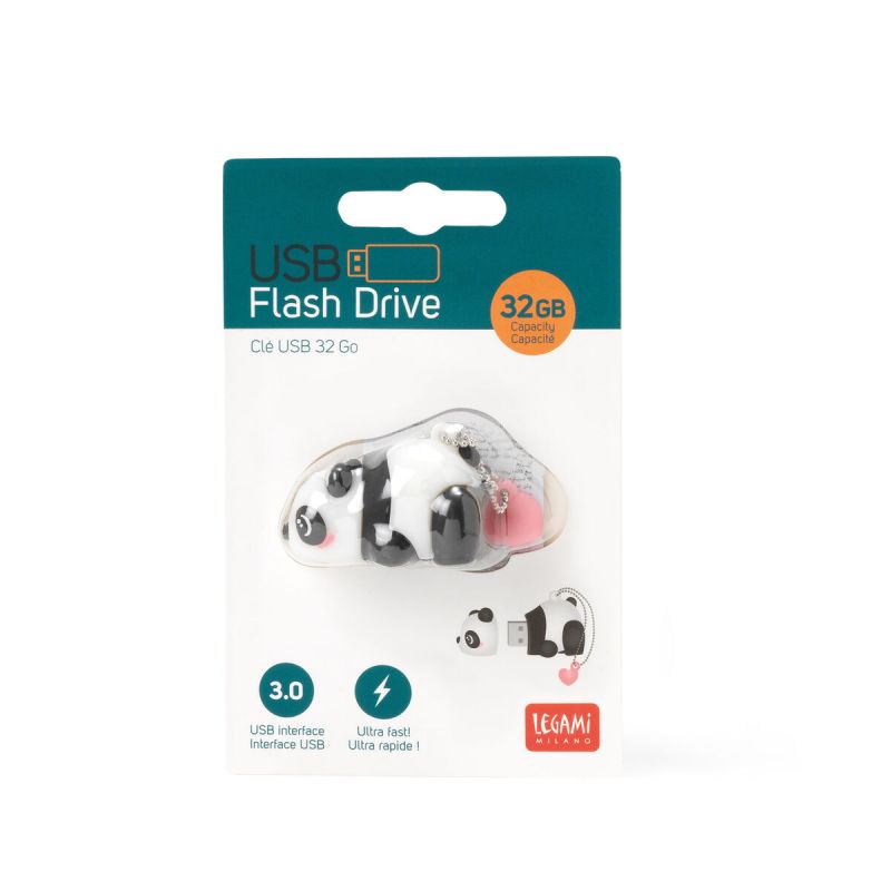Legami Milano 32GB USB-Stick im Panda-Design, verpackt mit sichtbaren Produktdetails auf der Karte.