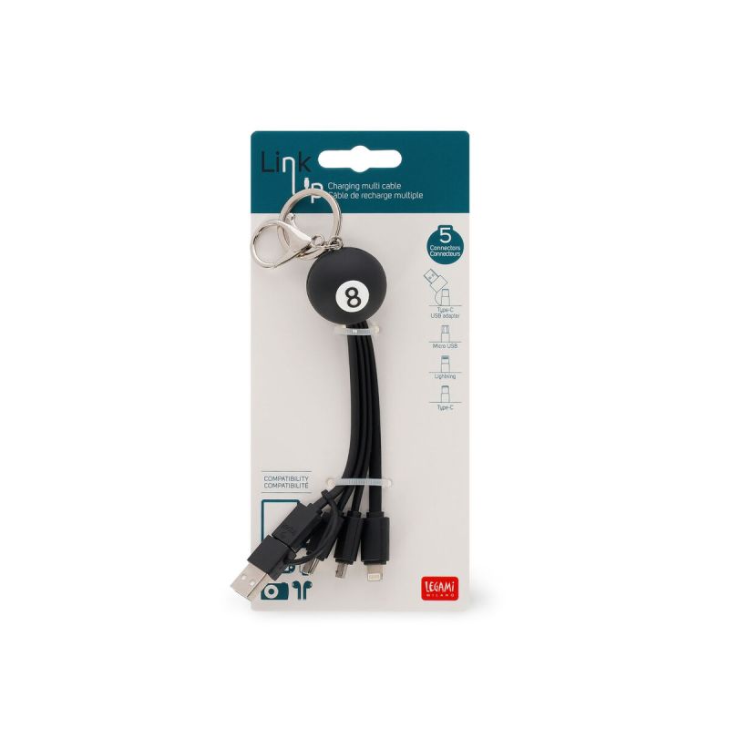 Schlüsselanhänger mit Multi-Ladekabel und 8-Ball-Design, abgebildet in der Originalverpackung.