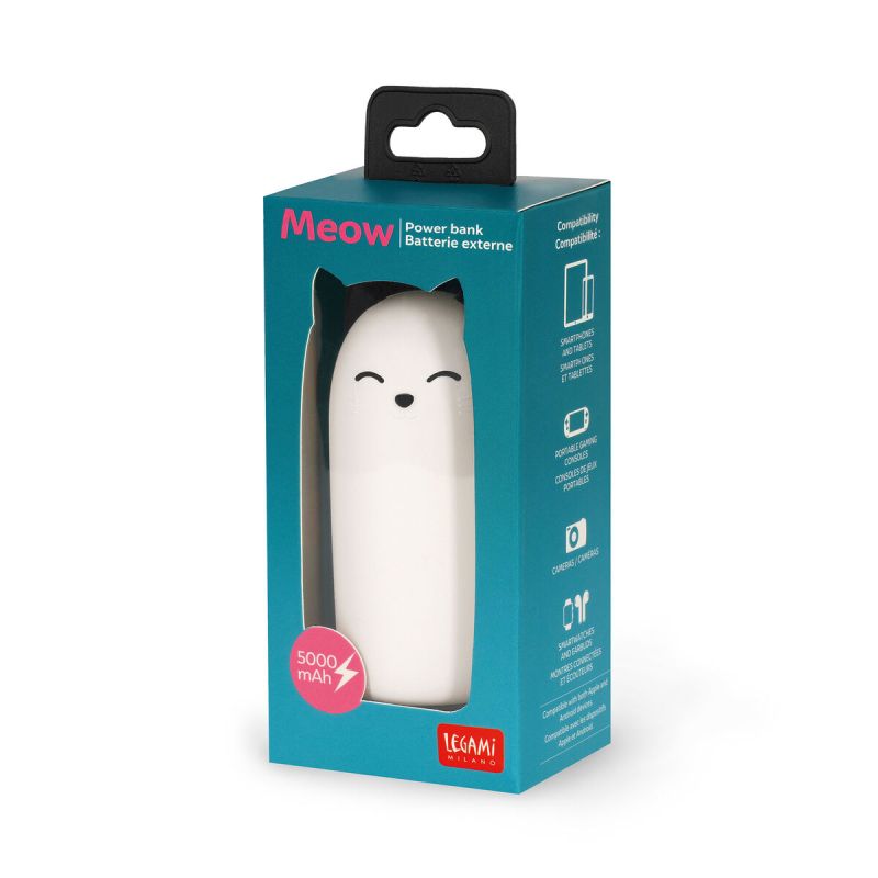 Powerbank in Katzenform, blaue Legami-Verpackung, Aufschrift "Meow", Kapazität 5000 mAh.
