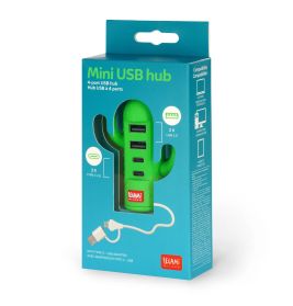Grüner USB-Hub in Kaktusform mit 4 Ports, verpackt und als "Mini USB hub by Legami" beschriftet.