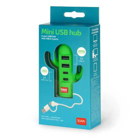 Grüner USB-Hub in Kaktusform mit 4 Ports, verpackt und als "Mini USB hub by Legami" beschriftet.