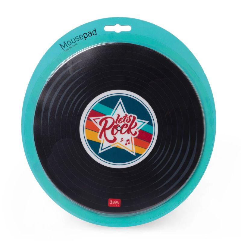 Rundes Mousepad im Vinyl-Look mit buntem Stern und "Lets Rock"-Schriftzug in der Mitte.