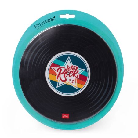 Rundes Mousepad im Vinyl-Look mit buntem Stern und "Lets Rock"-Schriftzug in der Mitte.