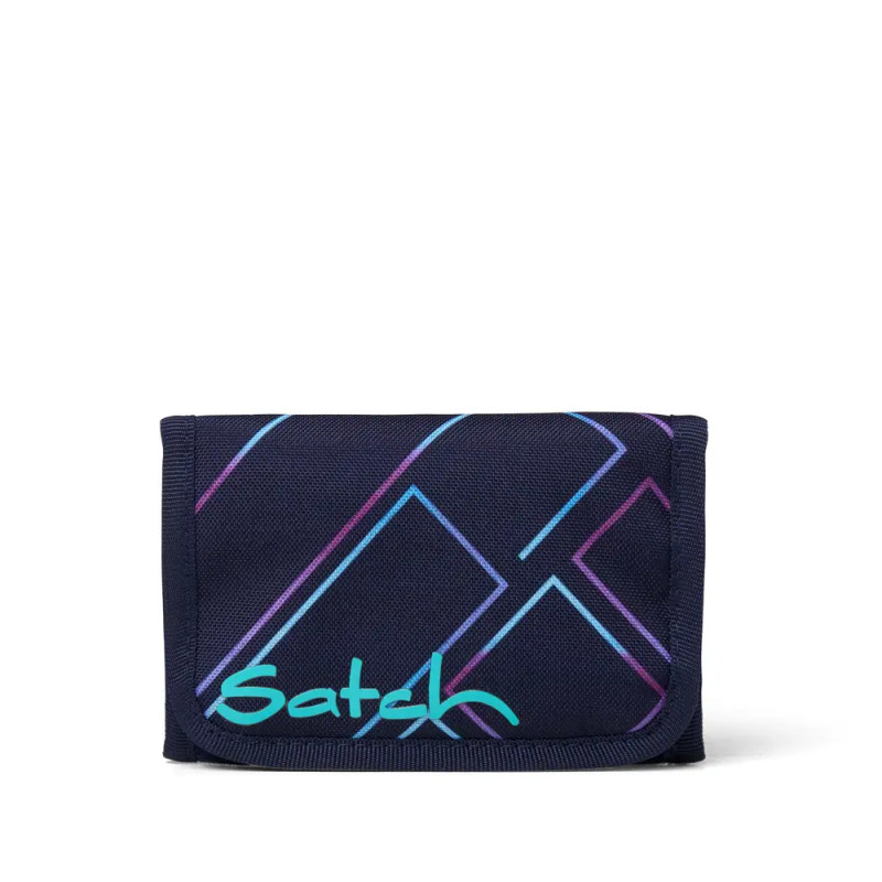 Dunkelblaue Geldbörse mit geometrischen Linien und türkisfarbenem Satch-Logo auf der Vorderseite.