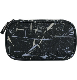 Schwarzes Etui mit Reißverschluss, verziert mit einem weißen und grauen abstrakten Spritzmuster.