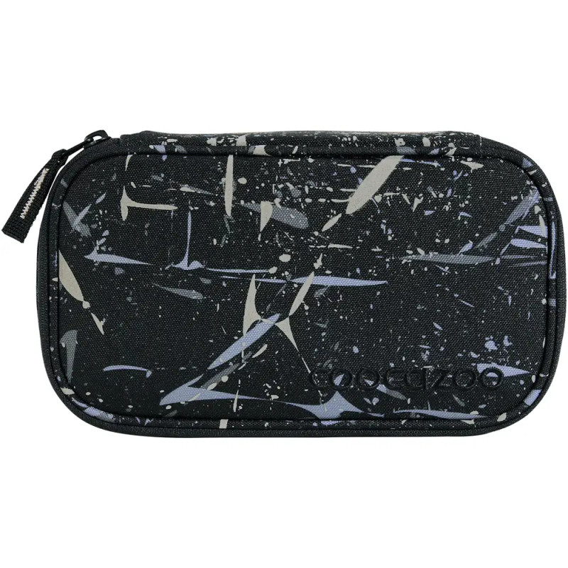 Schwarzes Etui mit Reißverschluss, verziert mit einem weißen und grauen abstrakten Spritzmuster.