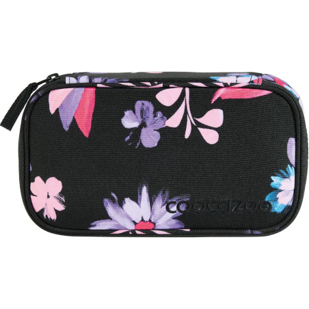 Schwarzes Mäppchen mit Reißverschluss und lila, rosa sowie weißem Blumenmuster.