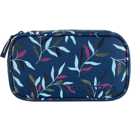 Blaues Täschchen mit Reißverschluss und farbigem Blättermuster in Türkis, Gold und Rot.
