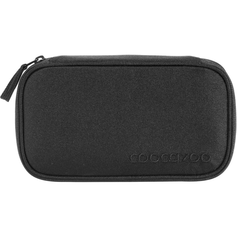 Kleine schwarze Reißverschlusstasche mit strukturierter Oberfläche und dezent geprägtem Logo.