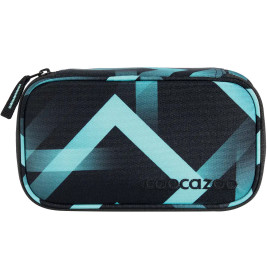 Schwarzes, rechteckiges Etui mit blauen geometrischen Mustern und einem Reißverschluss oben.