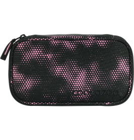 Schwarzes Etui mit Reißverschluss und pinkem Punkt-Tarnmuster.