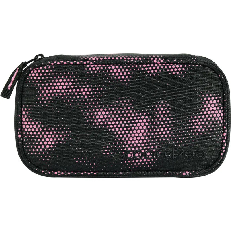 Schwarzes Etui mit Reißverschluss und pinkem Punkt-Tarnmuster.