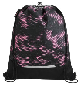 Schwarzer und pinker Turnbeutel mit Seilzug, sechseckigem Muster und schwarzen Kordeln an beiden Seiten.