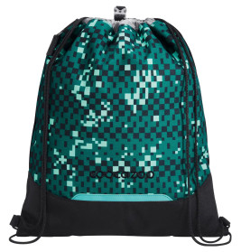 Grün-schwarzer, pixelierter Turnbeutel mit schwarzen Trägern und kleinem Frontlogo.