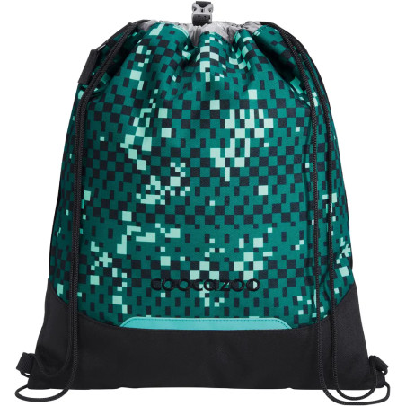 Grün-schwarzer, pixelierter Turnbeutel mit schwarzen Trägern und kleinem Frontlogo.