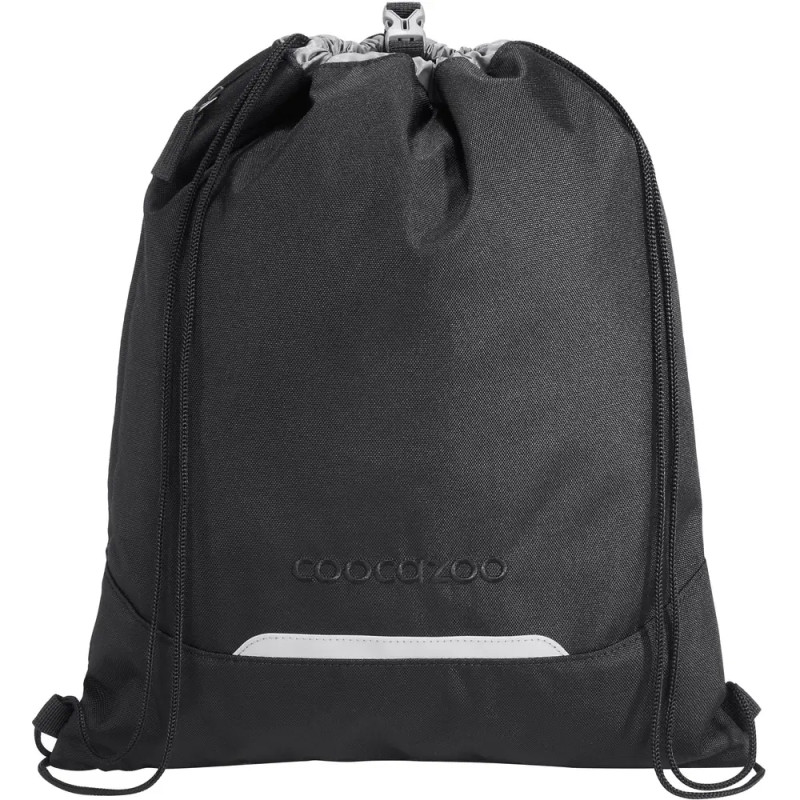 Schwarzer Turnbeutel mit Frontreißverschluss und Coocazoo-Logo auf der Vorderseite.