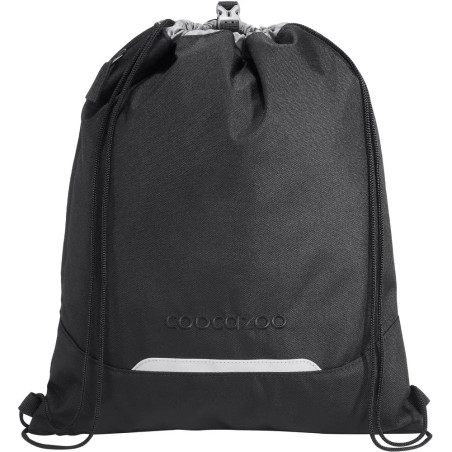 Schwarzer Turnbeutel mit Frontreißverschluss und Coocazoo-Logo auf der Vorderseite.