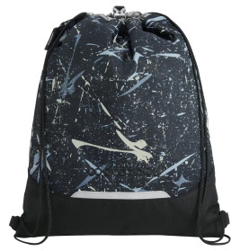 Schwarzer Turnbeutel mit weiß-blauen Farbspritzern und dünnen Schulterriemen.