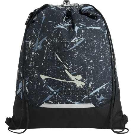 Schwarzer Turnbeutel mit weiß-blauen Farbspritzern und dünnen Schulterriemen.