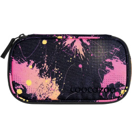Schwarzes Etui mit pink-gelbem Farbspritzer-Design und Coocazoo-Logo in der Ecke.