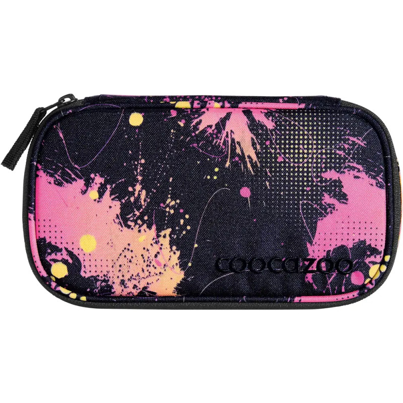 Schwarzes Etui mit pink-gelbem Farbspritzer-Design und Coocazoo-Logo in der Ecke.