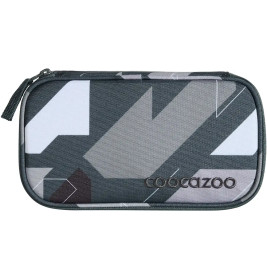 Rechteckiges Täschchen mit Reißverschluss, abstraktem grau-weißem Muster und "cobeazoo"-Aufdruck auf der Vorderseite.