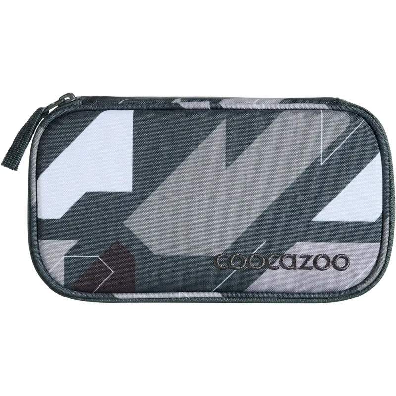 Rechteckiges Täschchen mit Reißverschluss, abstraktem grau-weißem Muster und "cobeazoo"-Aufdruck auf der Vorderseite.