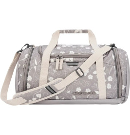 Graue Reisetasche mit floralem Muster, cremefarbenen Trage- und Schulterriemen sowie Reißverschlusstaschen.