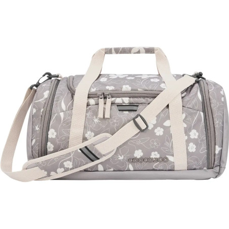 Graue Reisetasche mit floralem Muster, cremefarbenen Trage- und Schulterriemen sowie Reißverschlusstaschen.