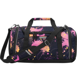 Schwarze Sporttasche mit pinken, orangen und gelben Farbspritzern, Schulterriemen und Tragegriffen.