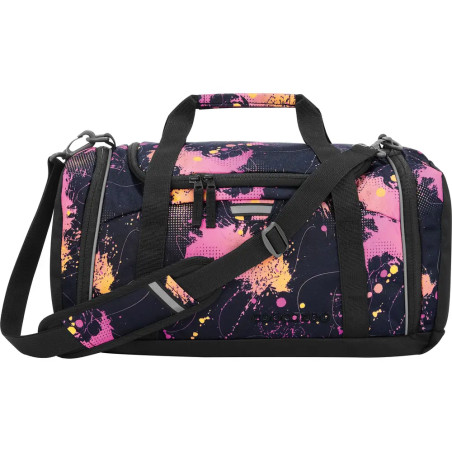 Schwarze Sporttasche mit pinken, orangen und gelben Farbspritzern, Schulterriemen und Tragegriffen.