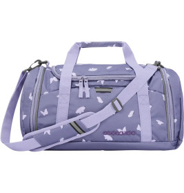 Helllila Sporttasche mit weißen Schmetterlingen, Tragegriffen und verstellbarem Schultergurt.