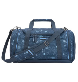 Blaue Sporttasche mit verstellbarem Schulterriemen und Rundmuster auf weißem Hintergrund.